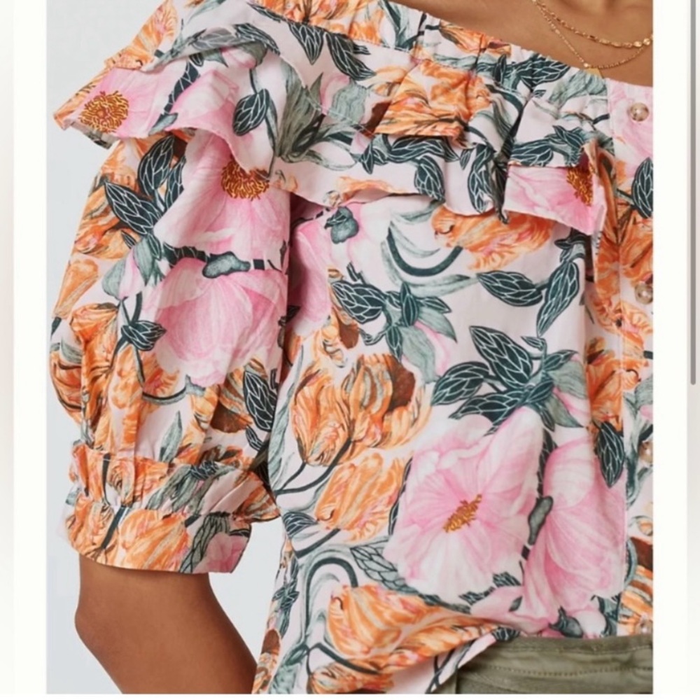 Anthropologie X Celia Petterson Pink  floral off the shoulder ruffle top NWT XS